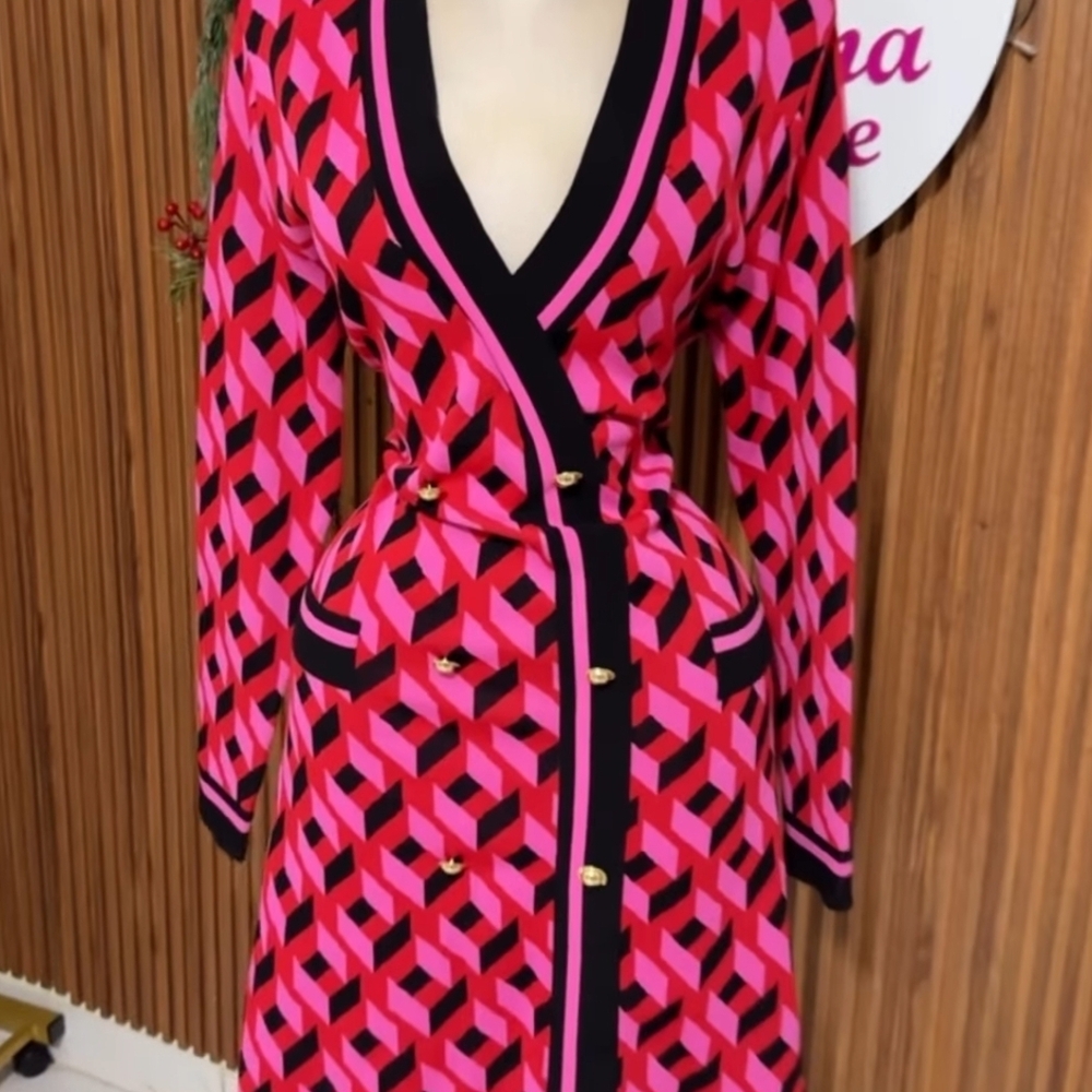 New York & Company Pink and Black Long Sleeve Dress